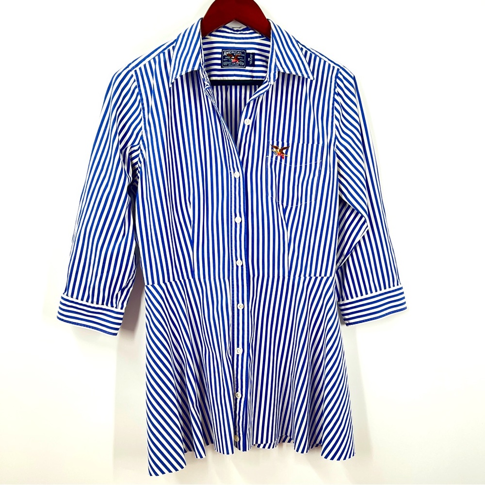 American Living - Women’s 10 Medium Blue Stripe Nautical Shirt Blouse Top Summer